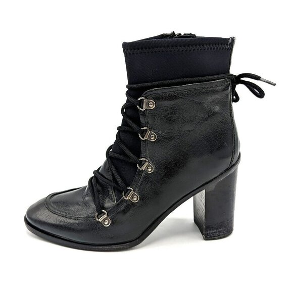 Napoleoni Grannie Black Leather Neoprene Lace-up Lolita Granny Booties Sz 9 (39) - Picture 1 of 9